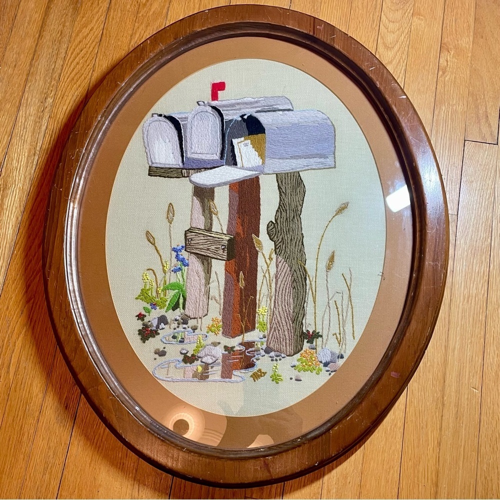 Large Vintage Wood Framed Embroidered Needlework Mailbox Art